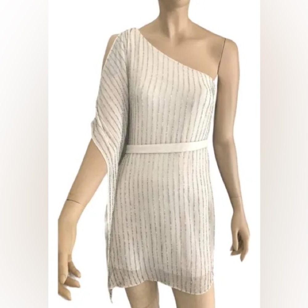 NWT Laundry Shelli Segal Pearl Cream white One-Shoulder beaded mini Dress size 0